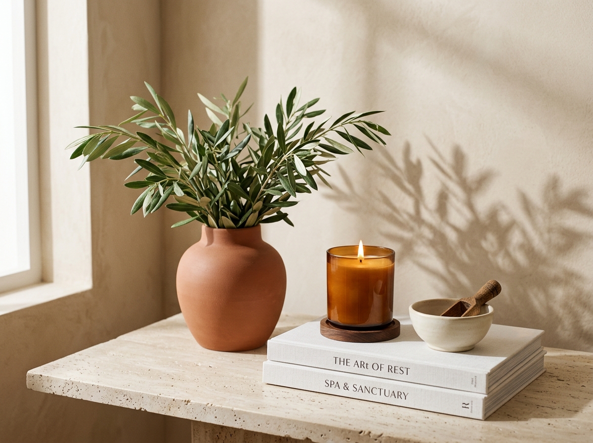 Minimalist terracotta vase with olive branches, scented candle and spa books at Lumière Salon